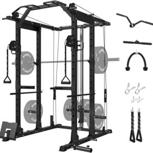 Power Rack with Cable Crossover System, 1500LBS Squat Rack with LAT Pull Down System, Workout Cage with Pulley System for Fitness Home Gym