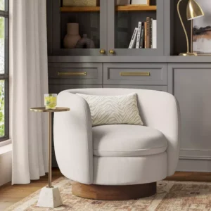 cream barrel swivel chair with wood base