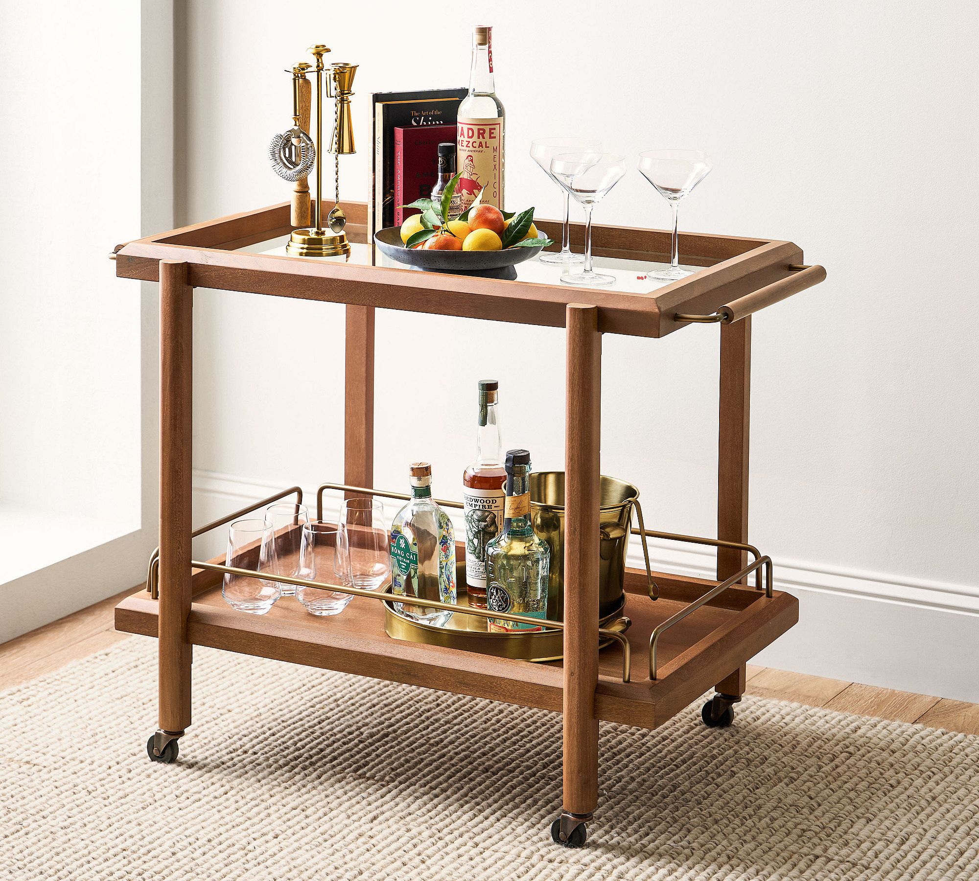 wood and brass bar cart